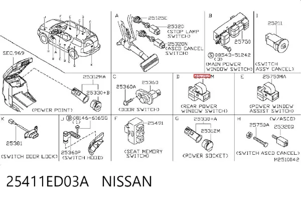 Włącznik przyciskowy podnośnika szyby przedni prawy 25411ED03A Nissan/Infiniti