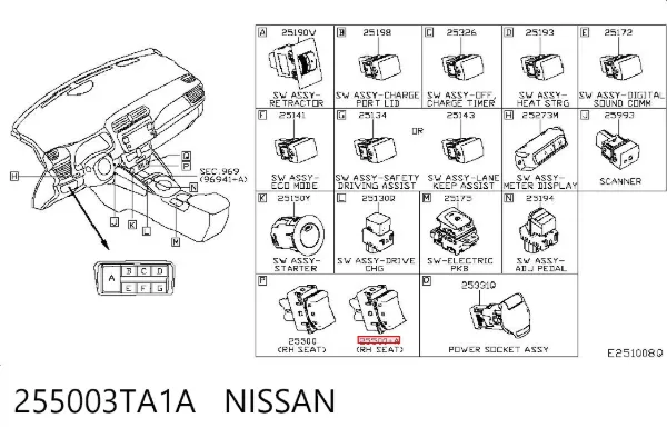 Przycisk podgrzewania fotela 255003TA1A Nissan/Infiniti