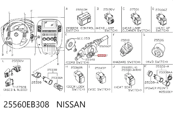 Przełącznik zespolony, środkowa część 25560EB308 Nissan/Infiniti