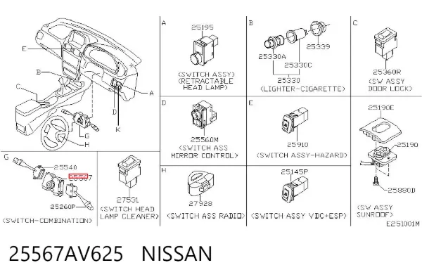 Przełącznik zespolony, środkowa część 25567AV625 Nissan/Infiniti