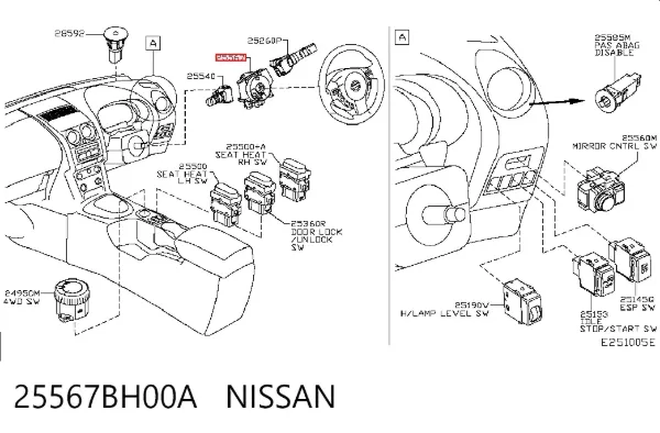 Pierścień kontaktowy AIRBAG, taśma kierownicy 25567BH00A Nissan/Infiniti