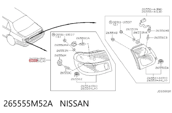 Lampa zespolona tylna lewa zewnętrzna 265555M52A Nissan/Infiniti