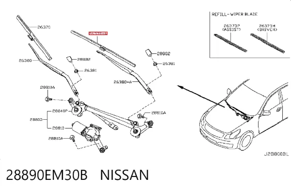 Pióro wycieraczki szyby przedniej pasażera 28890EM30B Nissan/Infiniti