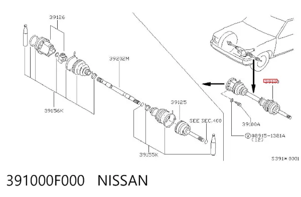 Półoś napędowa przednia 391000F000 Nissan/Infiniti