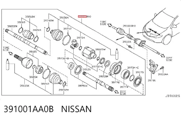 Półoś napędowa przednia prawa 391001AA0B Nissan/Infiniti