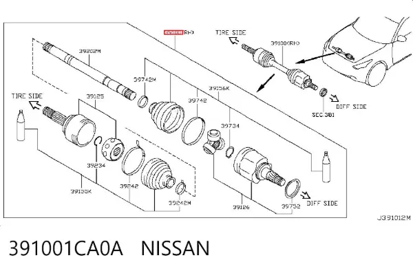 Półoś napędowa przednia prawa 391001CA0A Nissan/Infiniti