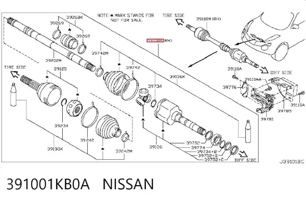 Półoś napędowa przednia prawa 391001KB0A Nissan/Infiniti