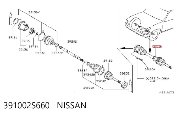 Półoś napędowa przednia 391002S660 Nissan/Infiniti