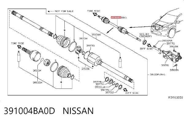 Półoś napędowa przednia prawa 391004BA0D Nissan/Infiniti