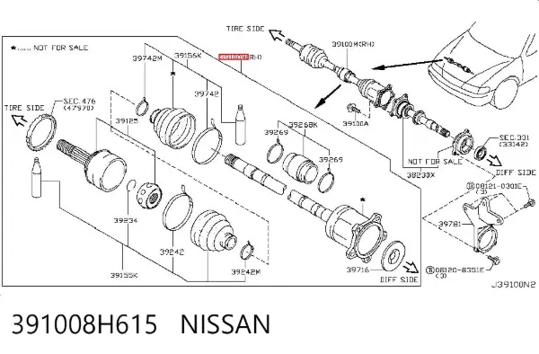 Półoś napędowa przednia prawa 391008H615 Nissan/Infiniti
