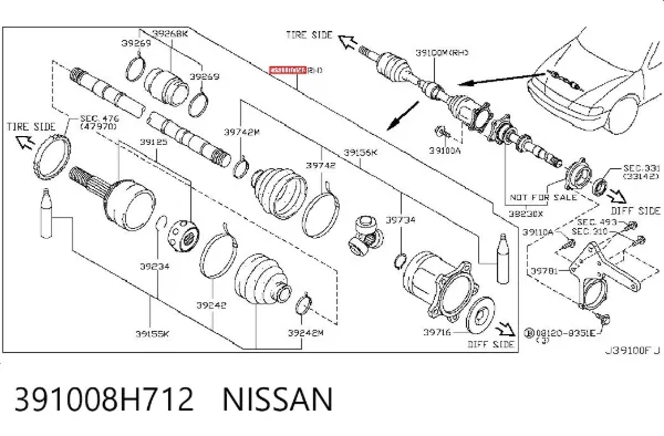 Półoś napędowa przednia prawa 391008H712 Nissan/Infiniti