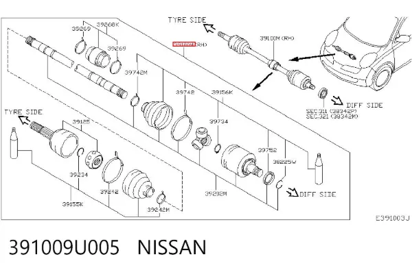 Półoś napędowa przednia prawa 391009U005 Nissan/Infiniti