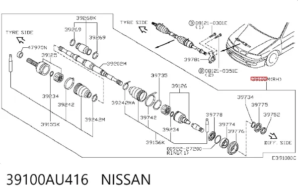 Przegub homokinetyczny przedni zewnętrzny 39100AU416 Nissan/Infiniti