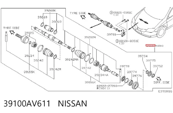 Półoś napędowa przednia prawa 39100AV611 Nissan/Infiniti