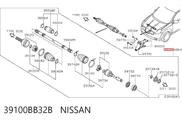 Półoś napędowa przednia prawa 39100BB32B Nissan/Infiniti
