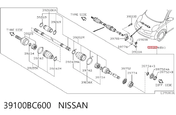 Półoś napędowa przednia prawa 39100BC600 Nissan/Infiniti