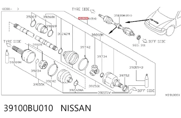 Półoś napędowa przednia prawa 39100BU010 Nissan/Infiniti