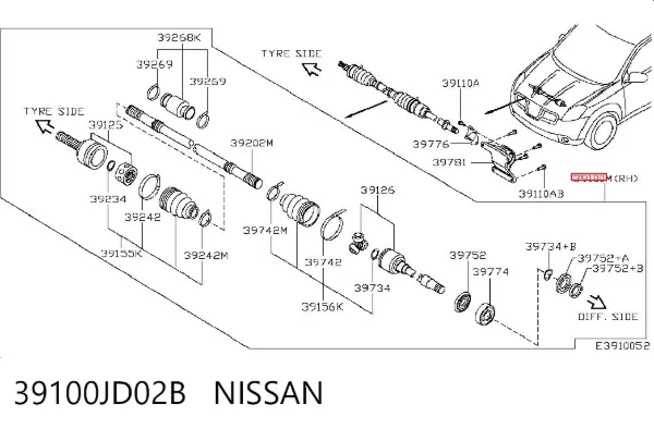 Półoś napędowa przednia prawa 39100JD02B Nissan/Infiniti