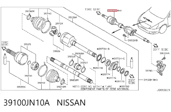 Półoś napędowa przednia prawa 39100JN10A Nissan/Infiniti