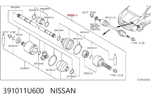 Półoś napędowa przednia lewa 391011U600 Nissan/Infiniti