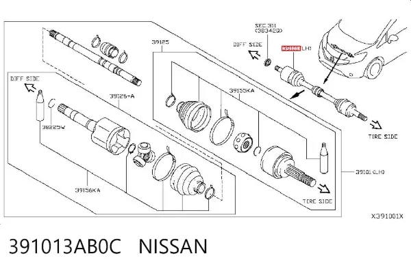 Półoś napędowa przednia lewa 391013AB0C Nissan/Infiniti