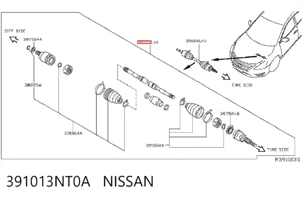 Półoś napędowa przednia lewa 391013NT0A Nissan/Infiniti