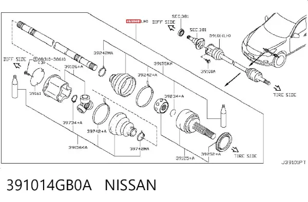 Półoś napędowa przednia lewa 391014GB0A Nissan/Infiniti