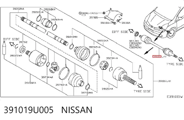 Półoś napędowa przednia lewa 391019U005 Nissan/Infiniti
