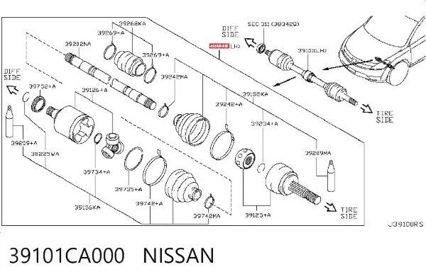 Półoś napędowa przednia lewa 39101CA000 Nissan/Infiniti