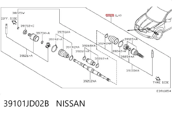 Półoś napędowa przednia lewa 39101JD02B Nissan/Infiniti