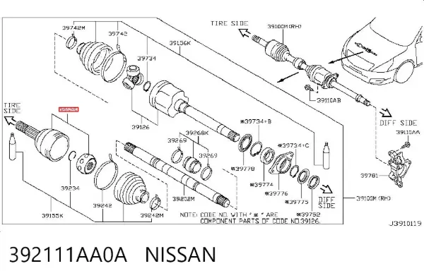 Przegub homokinetyczny przedni zewnętrzny 392111AA0A Nissan/Infiniti