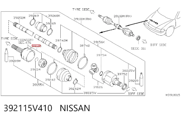 Przegub homokinetyczny przedni zewnętrzny 392115V410 Nissan/Infiniti