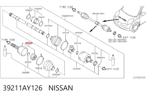 Przegub homokinetyczny przedni zewnętrzny 39211AY126 Nissan/Infiniti