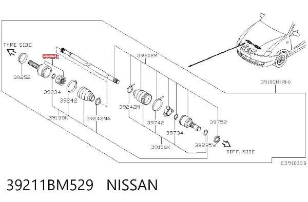 Przegub homokinetyczny przedni zewnętrzny 39211BM529 Nissan/Infiniti