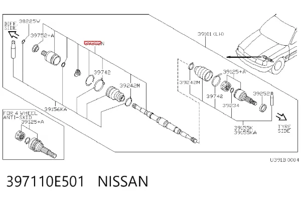 Przegub homokinetyczny wewnętrzny przedni lewy 397110E501 Nissan/Infiniti
