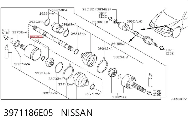 Przegub homokinetyczny wewnętrzny przedni lewy 3971186E05 Nissan/Infiniti