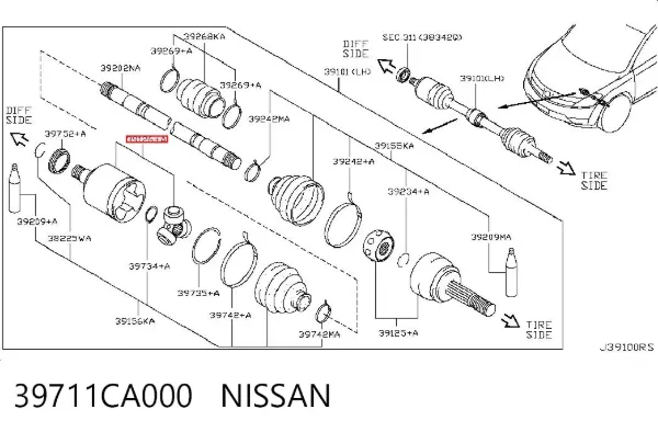Półoś napędowa przednia lewa 39711CA000 Nissan/Infiniti