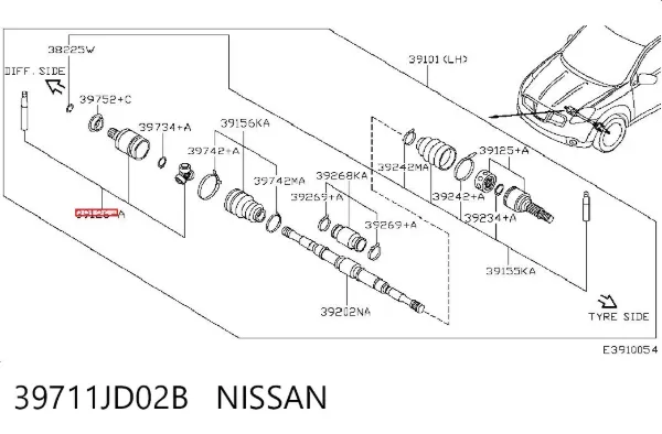 Przegub homokinetyczny wewnętrzny przedni lewy 39711JD02B Nissan/Infiniti