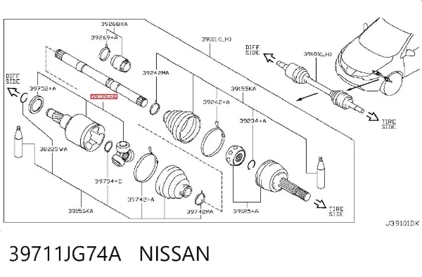 Przegub homokinetyczny wewnętrzny przedni lewy 39711JG74A Nissan/Infiniti