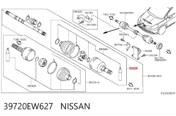 Przegub homokinetyczny wewnętrzny przedni prawy 39720EW627 Nissan/Infiniti
