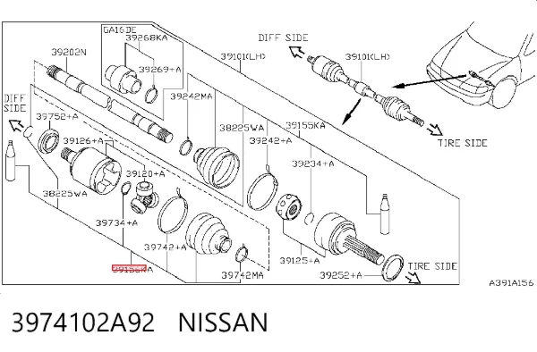 Osłona przegubu homokinetycznego półosi przedniej wewnętrzna 3974102A92 Nissan/Infiniti