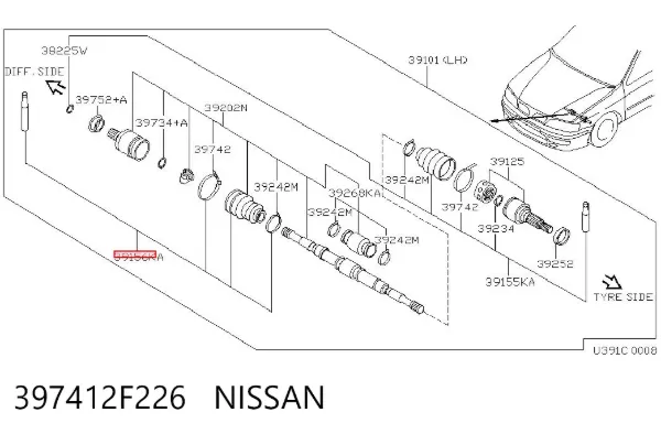 Osłona przegubu homokinetycznego półosi przedniej wewnętrzna 397412F226 Nissan/Infiniti