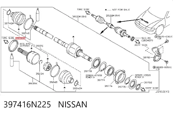 Osłona przegubu homokinetycznego półosi przedniej wewnętrzna prawa 397416N225 Nissan/Infiniti