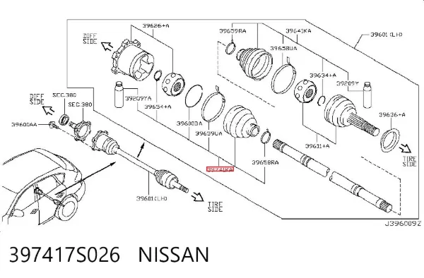 Osłona przegubu homokinetycznego półosi przedniej wewnętrzna 397417S026 Nissan/Infiniti