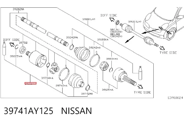 Osłona przegubu homokinetycznego półosi przedniej wewnętrzna 39741AY125 Nissan/Infiniti