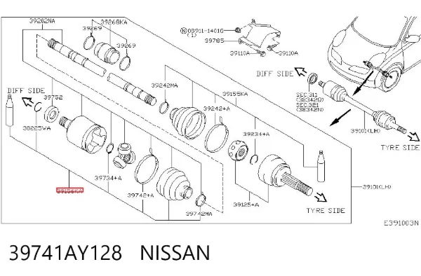 Osłona przegubu homokinetycznego półosi przedniej wewnętrzna 39741AY128 Nissan/Infiniti