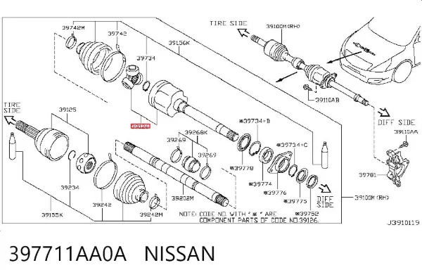 Przegub homokinetyczny wewnętrzny przedni prawy 397711AA0A Nissan/Infiniti