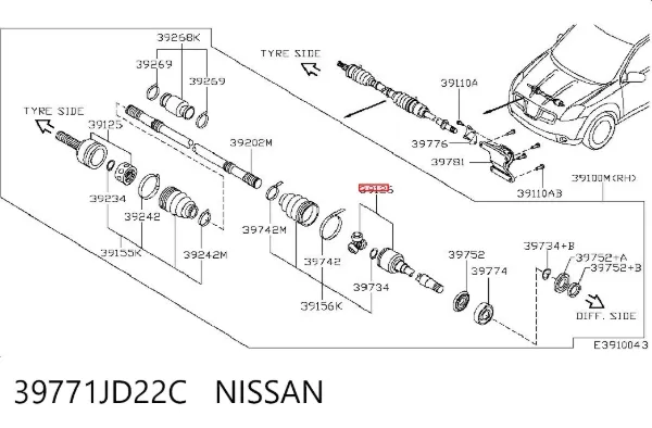 Przegub homokinetyczny wewnętrzny przedni prawy 39771JD22C Nissan/Infiniti