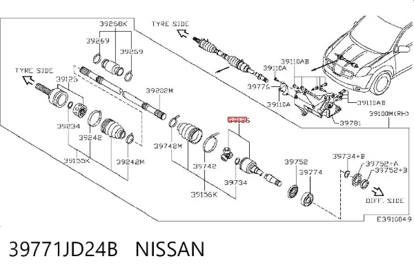 Przegub homokinetyczny wewnętrzny przedni prawy 39771JD24B Nissan/Infiniti