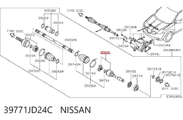 Przegub homokinetyczny wewnętrzny przedni prawy 39771JD24C Nissan/Infiniti